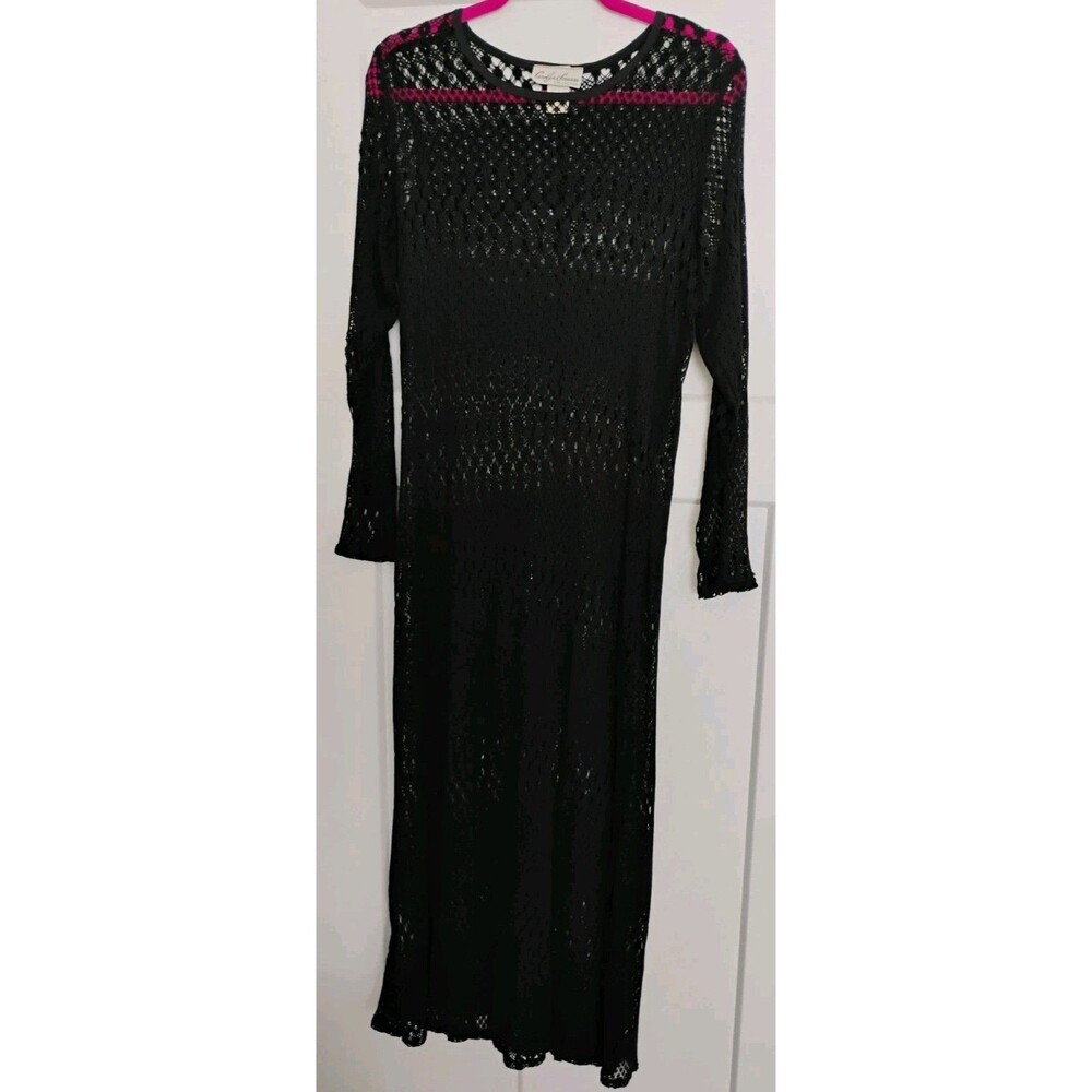 Vtg Carolyn Strauss Lace Cover up Dress Women's Slinky Stretch Black Crochet M